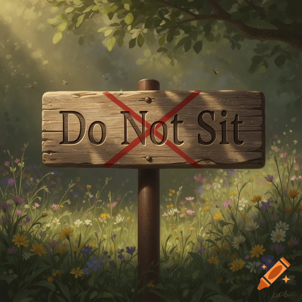 A wooden sign with a red cross over the words "Do Not Sit" stands in a field of wildflowers under a tree.