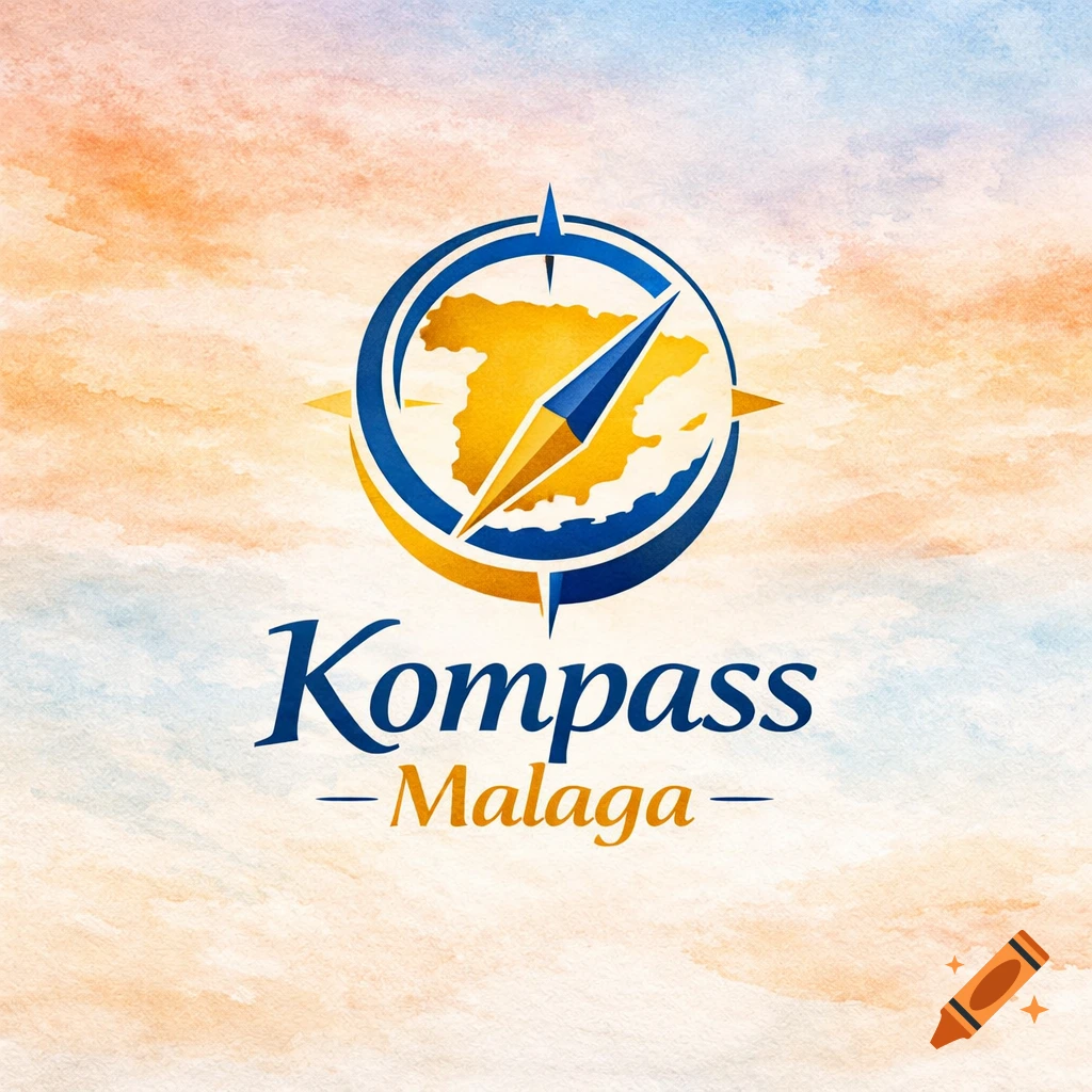 A logo featuring a blue and gold compass rose with a map of Spain, above the words "Kompass Malaga" on a watercolor background.