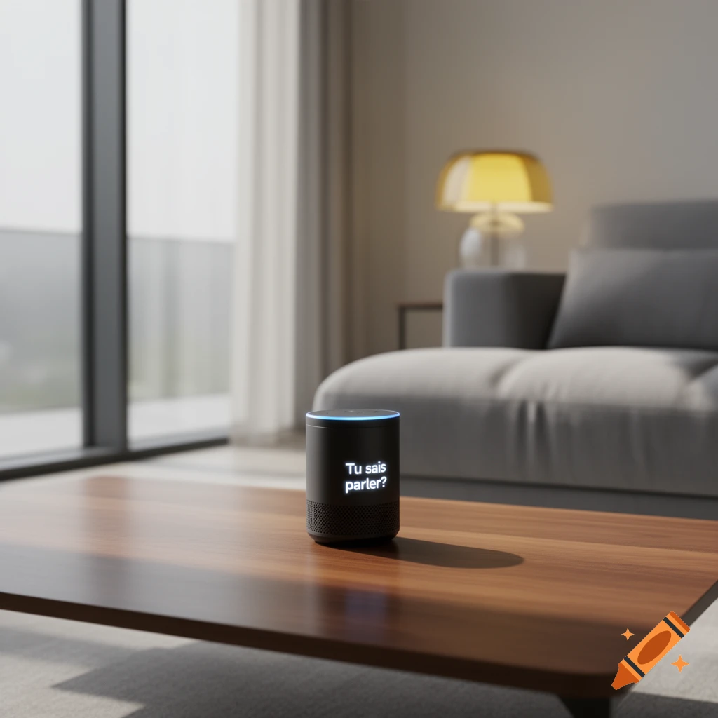 A black smart speaker displaying 'Tu sais parler?' on a wooden coffee table in a modern living room, photorealistic.