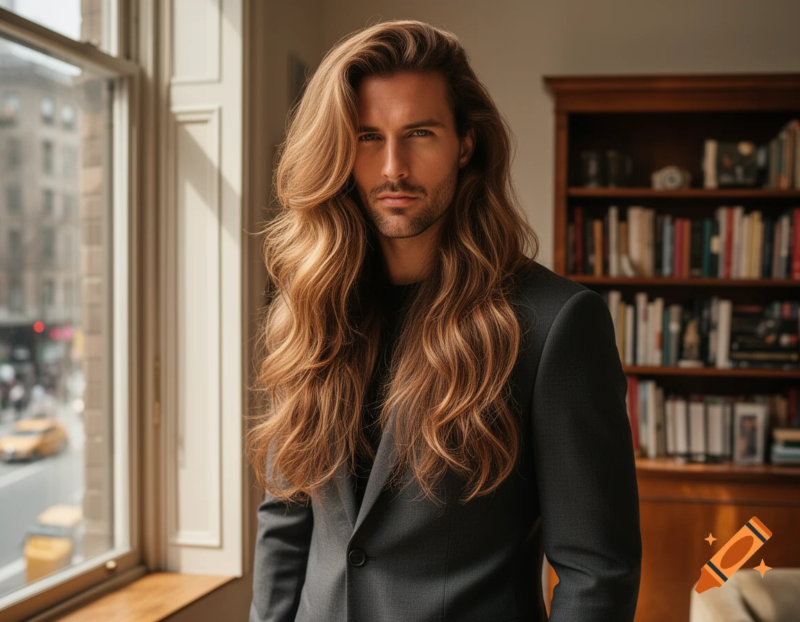 Photorealistic portrait of a man with long, wavy brown hair and a beard ...