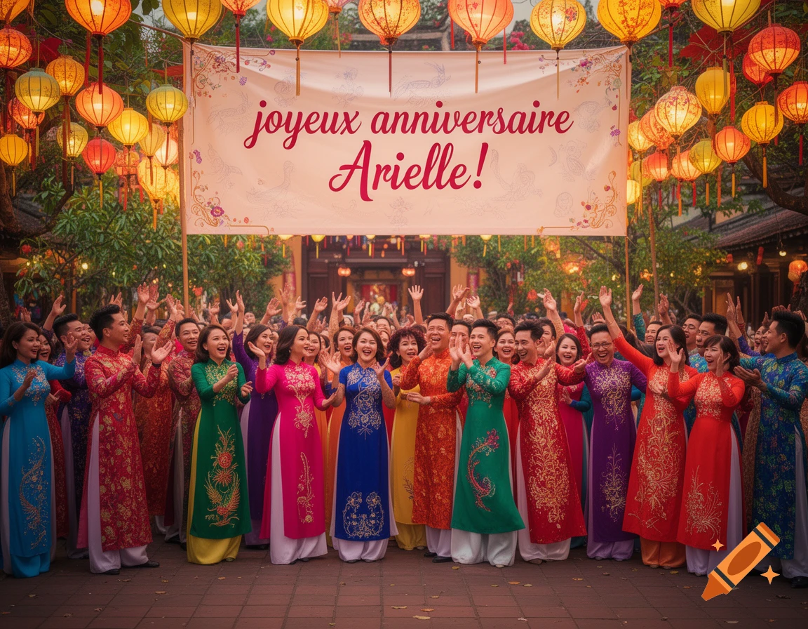 Joyous Vietnamese men and women in colorful Ao Dai celebrate under lanterns and a 'joyeux anniversaire Arielle!' banner.