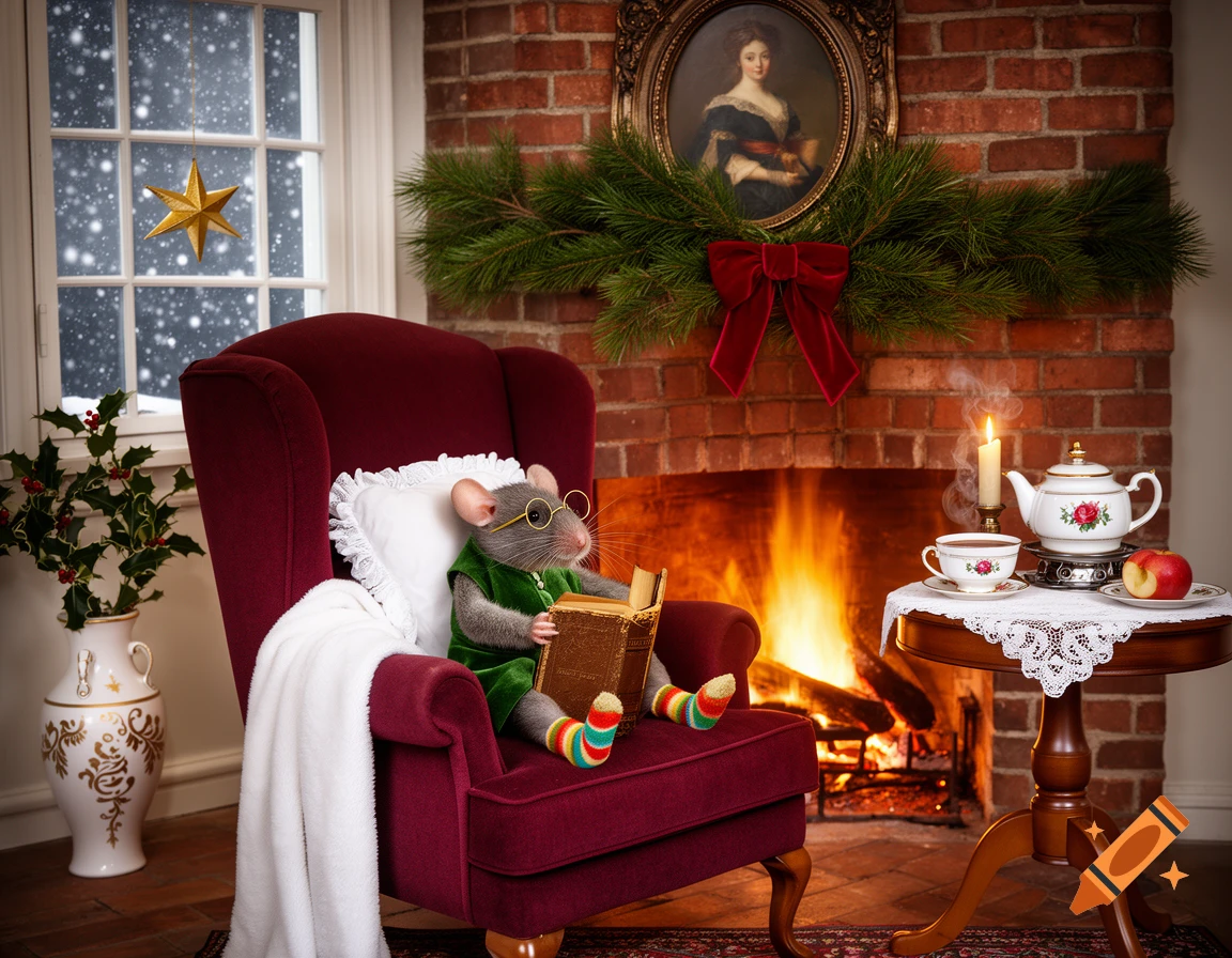 A bespectacled mouse in a green velvet vest reads a book in a red armchair by a cozy fireplace decorated for Christmas, with snow outside a window.