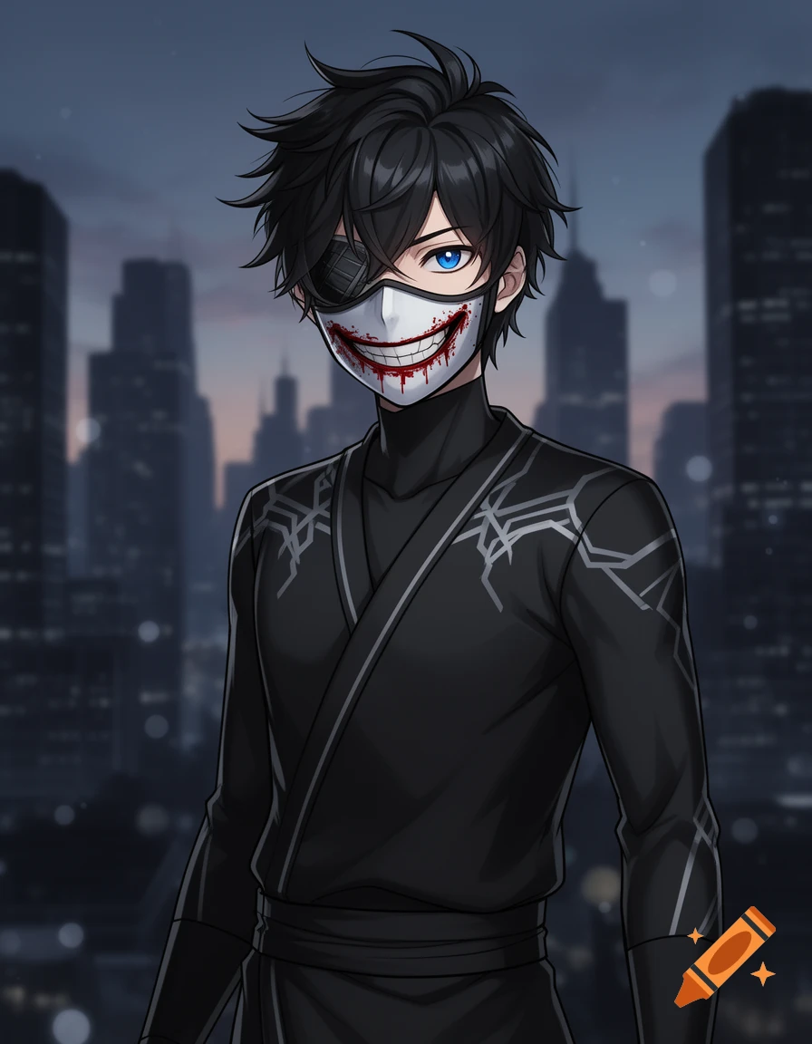 Anime-style male character in a black ninja outfit with an eyepatch and a white mask featuring a blood-smeared grin, standing against a blurred city skyline.