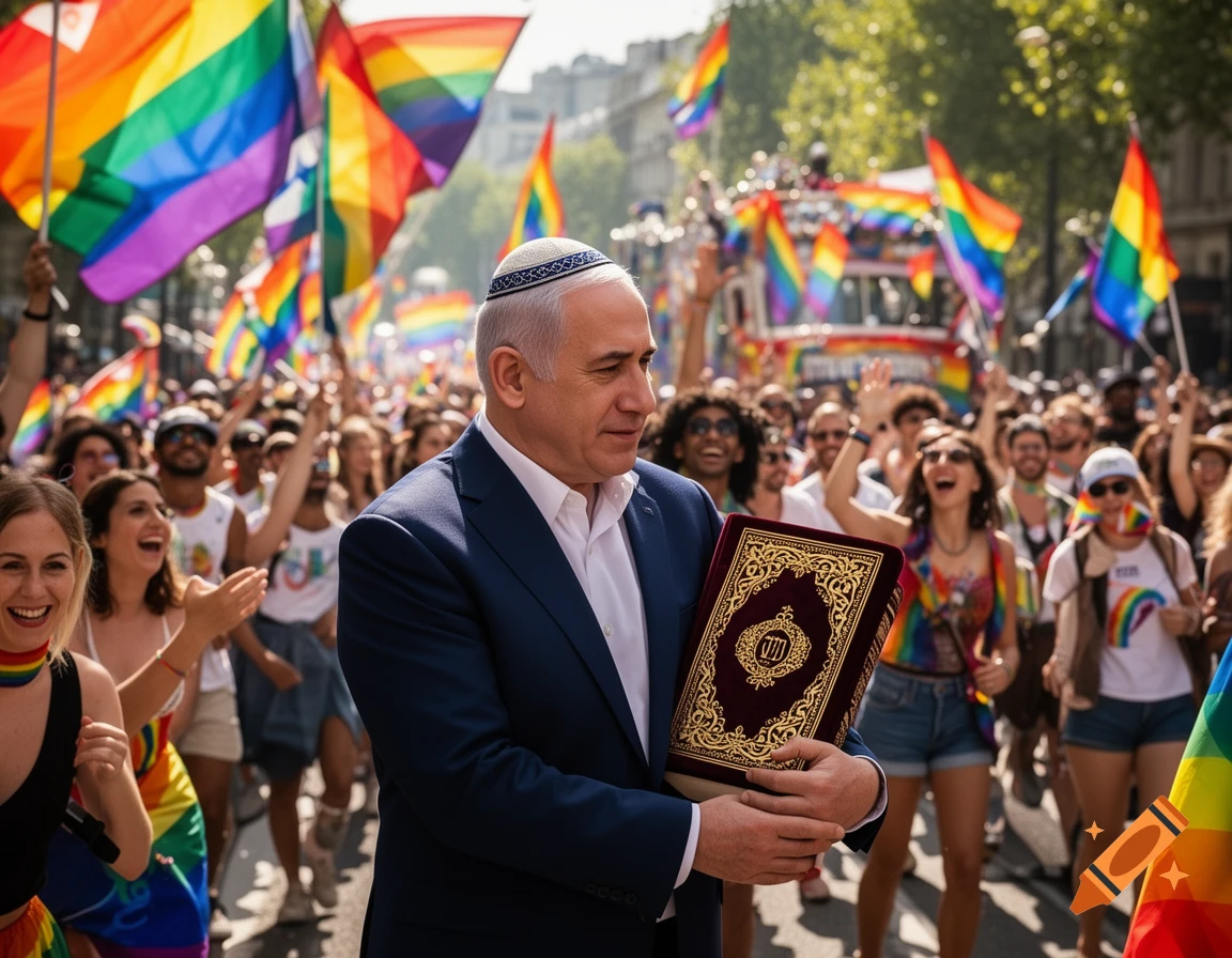 Benjamin Netanyahu, wearing a yarmulke and holding a decorative book, smiles as he walks through a vibrant pride parade filled with people waving rainbow flags.