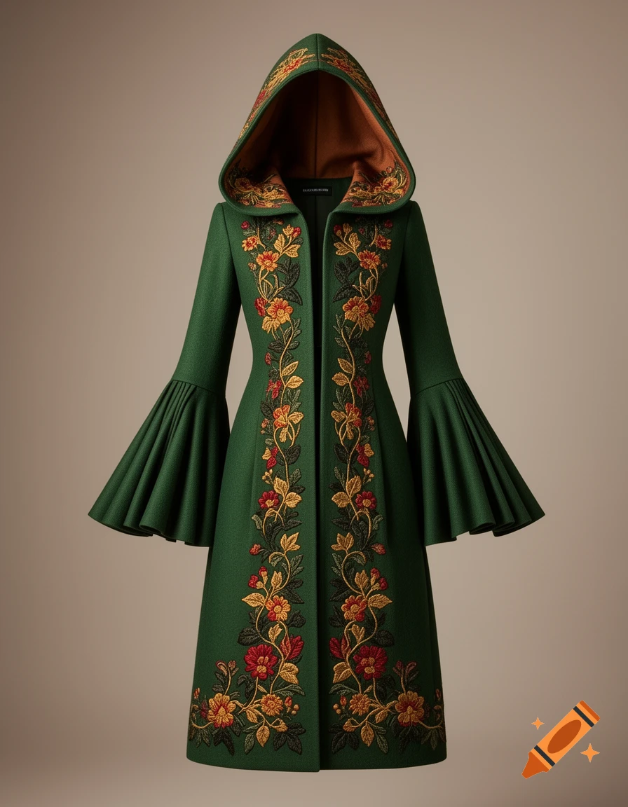 A hunter green hooded coat featuring intricate red and gold floral embroidery and flared sleeves, set against a simple background.