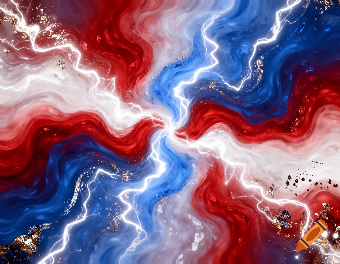 Vibrant digital abstract art featuring swirling red, white, and blue colors with dynamic white lightning and golden sparks.