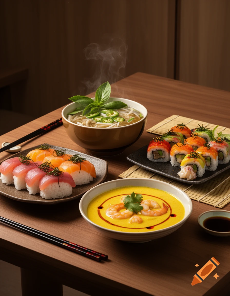 A photorealistic spread of various Asian dishes on a wooden table, including sushi, nigiri, steaming noodle soup, and shrimp curry.
