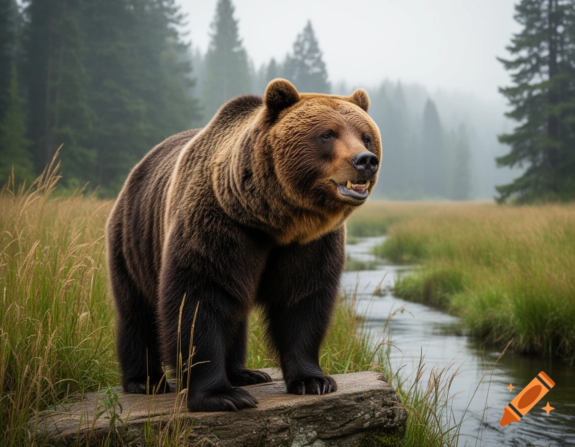 A large brown bear stands on a rock next to a stream in a misty forest ...
