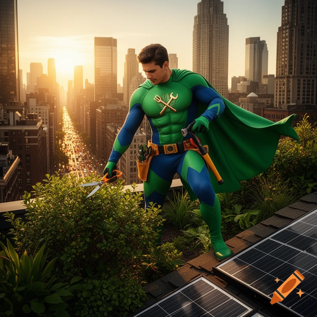 A superhero in green and blue trims a rooftop garden in a city at sunset, with solar panels visible.