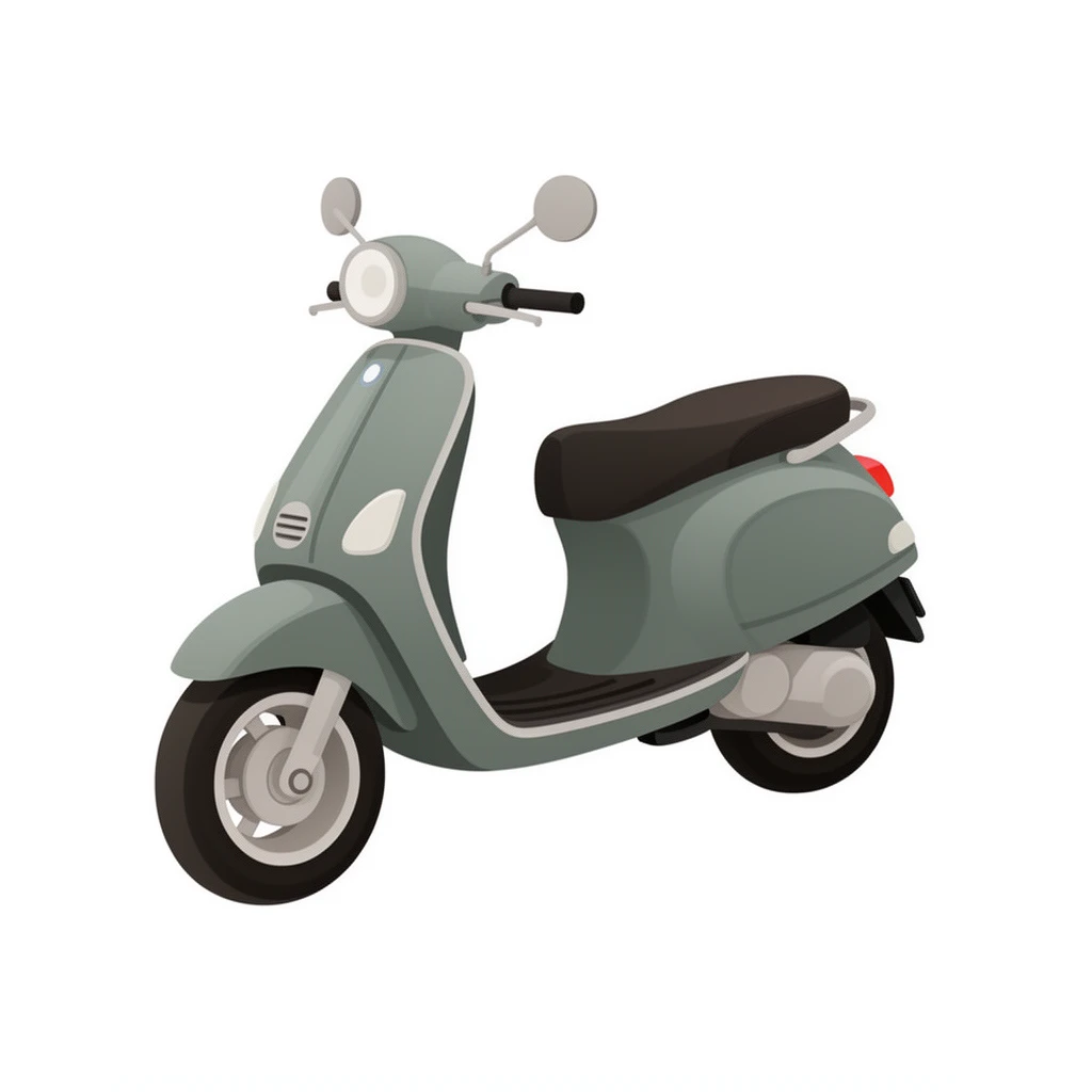 contemporary 2D stock illustration, clean simplified natural forms, flat color areas with gentle soft gradient shading, rounded believable proportions, restrained detail, no outer outlines, no texture or grain, non-photorealistic. A small city moped in three-quarter view as a clean standalone cutout asset, centered on a pure white background. One dominant body color, neutral wheels, dark seat, restrained trim. Believable 2D stock-illustration object proportions, not toy-like, not icon-like, not 3D. Clear readable silhouette with comfortable padding, no cast shadow, no floor shadow, no extra scenery, no text.