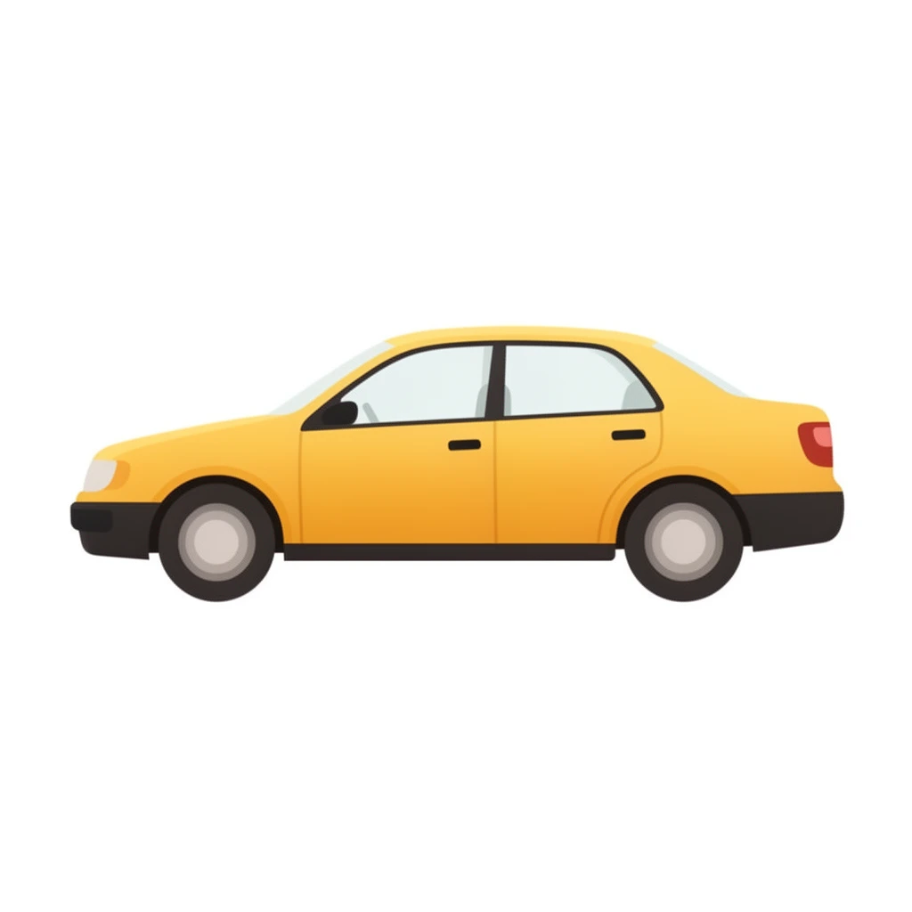 contemporary 2D stock illustration, clean simplified natural forms, flat color areas with gentle soft gradient shading, rounded believable proportions, restrained detail, no outer outlines, no texture or grain, non-photorealistic. A simple taxi-like car with no signage or numbers as a clean standalone cutout asset, centered on a pure white background. Warm yellow dominant body color, neutral windows and tires, restrained dark trim. Believable 2D stock-illustration object proportions, not toy-like, not icon-like, not 3D. Clear readable silhouette with comfortable padding, no cast shadow, no floor shadow, no extra scenery, no text.