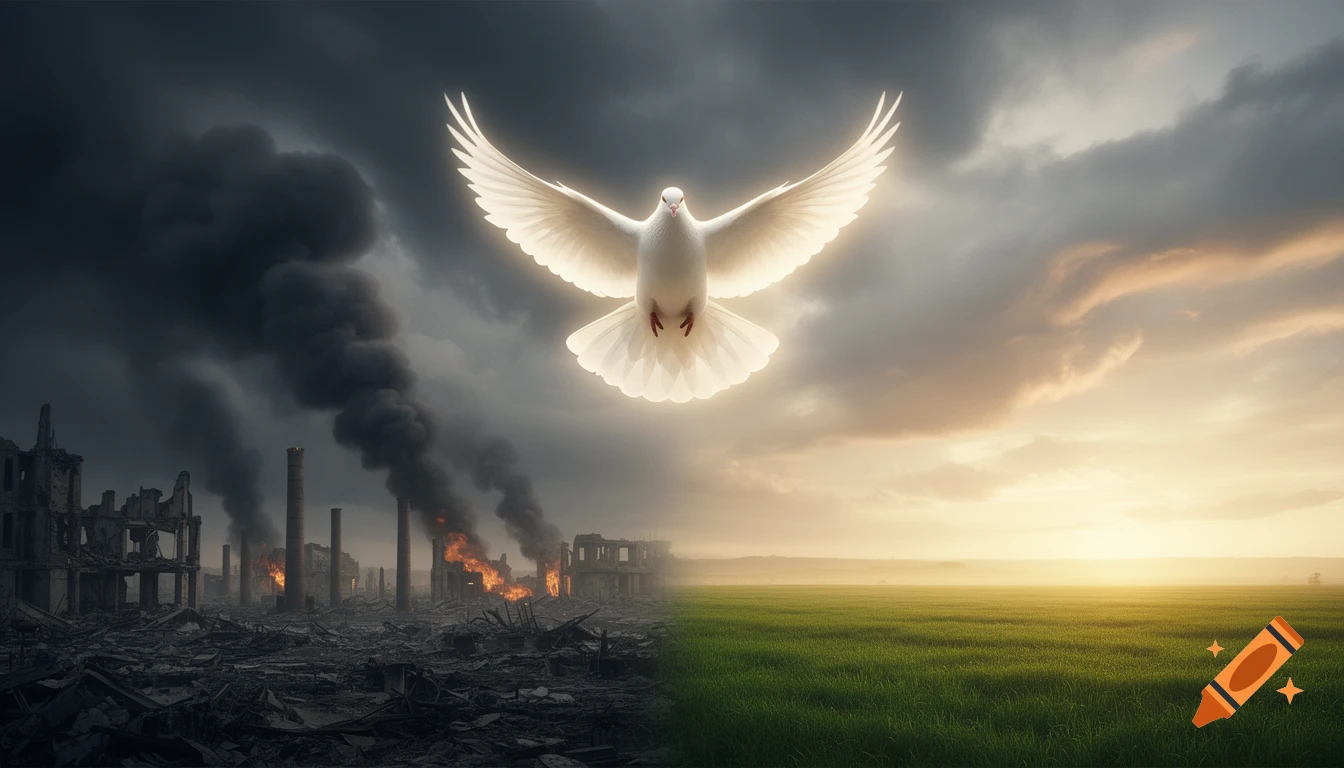 A glowing white dove flies over a dramatic landscape split between dark, burning ruins and bright green fields under a cloudy sky, symbolizing peace.