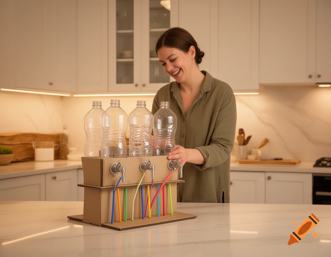 A smiling woman operates a DIY water dispenser made from plastic bottles, cardboard, and colorful straws in a modern kitchen.