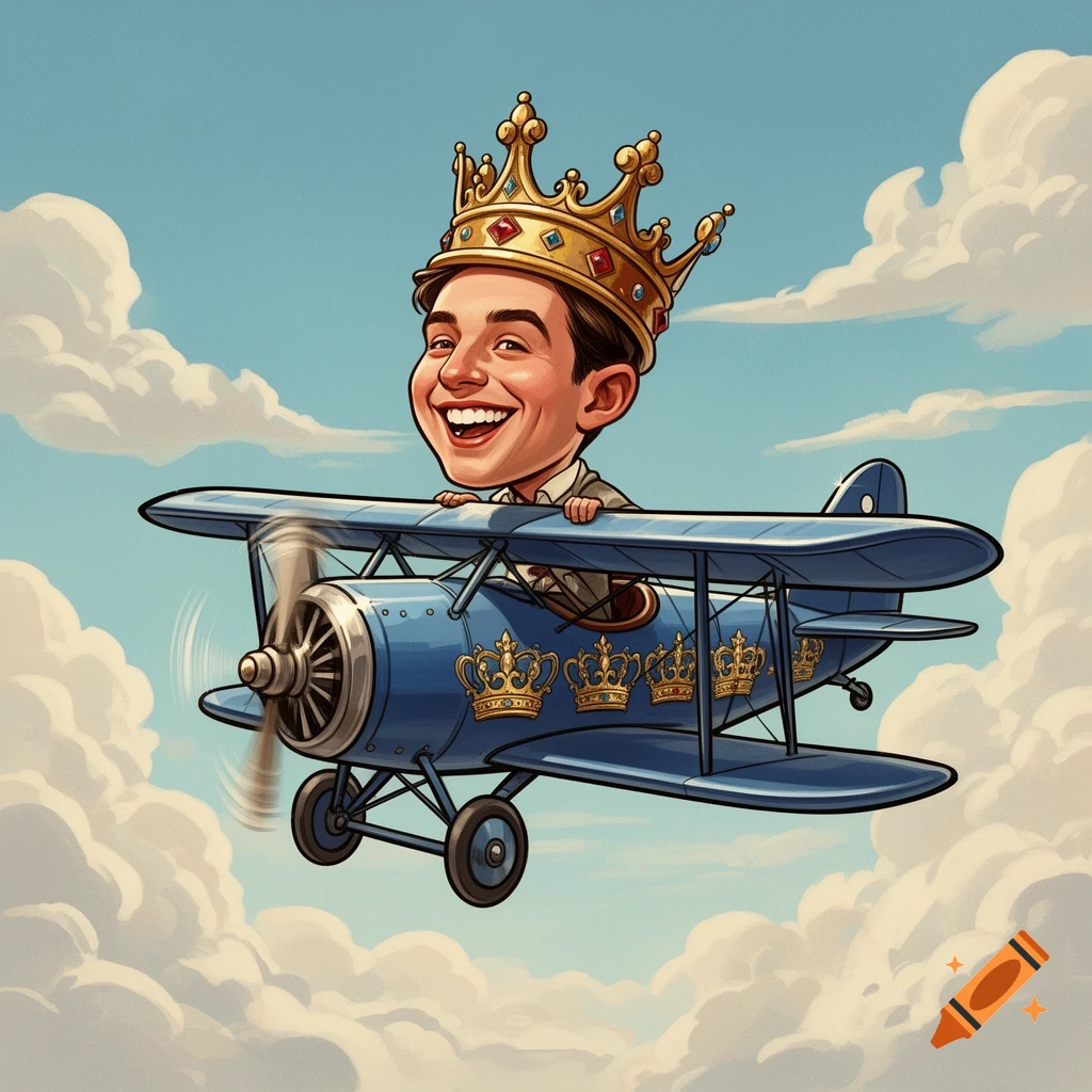 Smiling crowned caricature person with a large head flying a light blue biplane adorned with crown symbols in the sky.