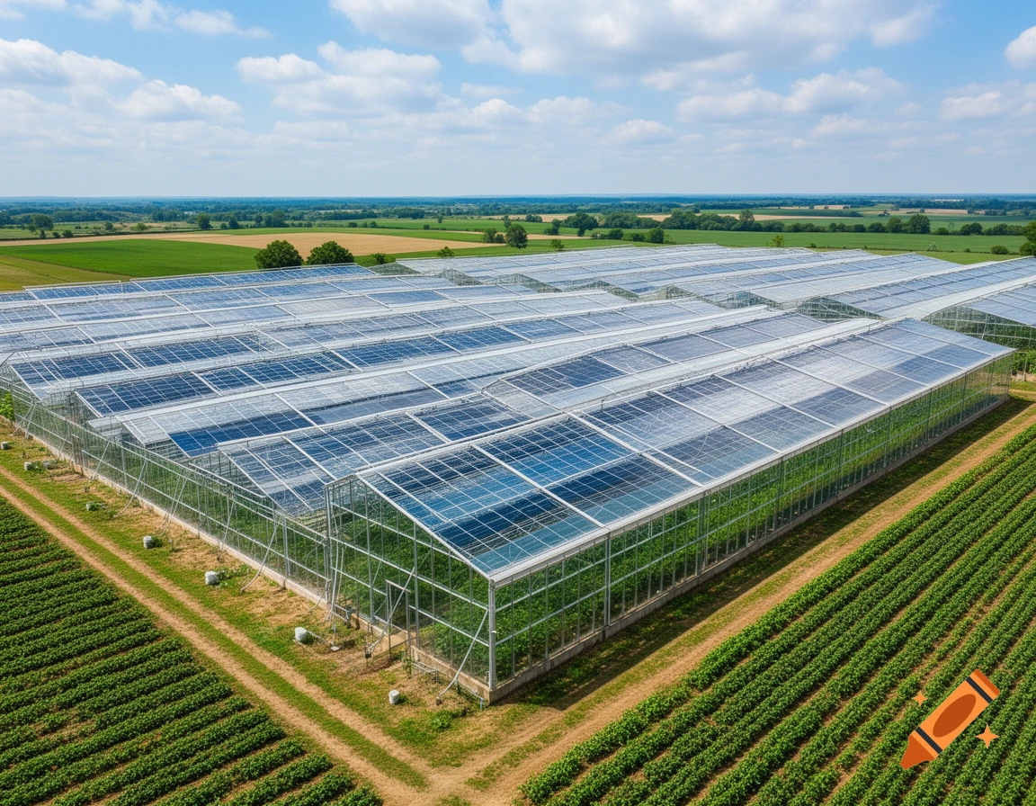 Aerial view of a vast greenhouse complex with solar panels on its roof, surrounded by green agricultural fields under a bright blue sky.