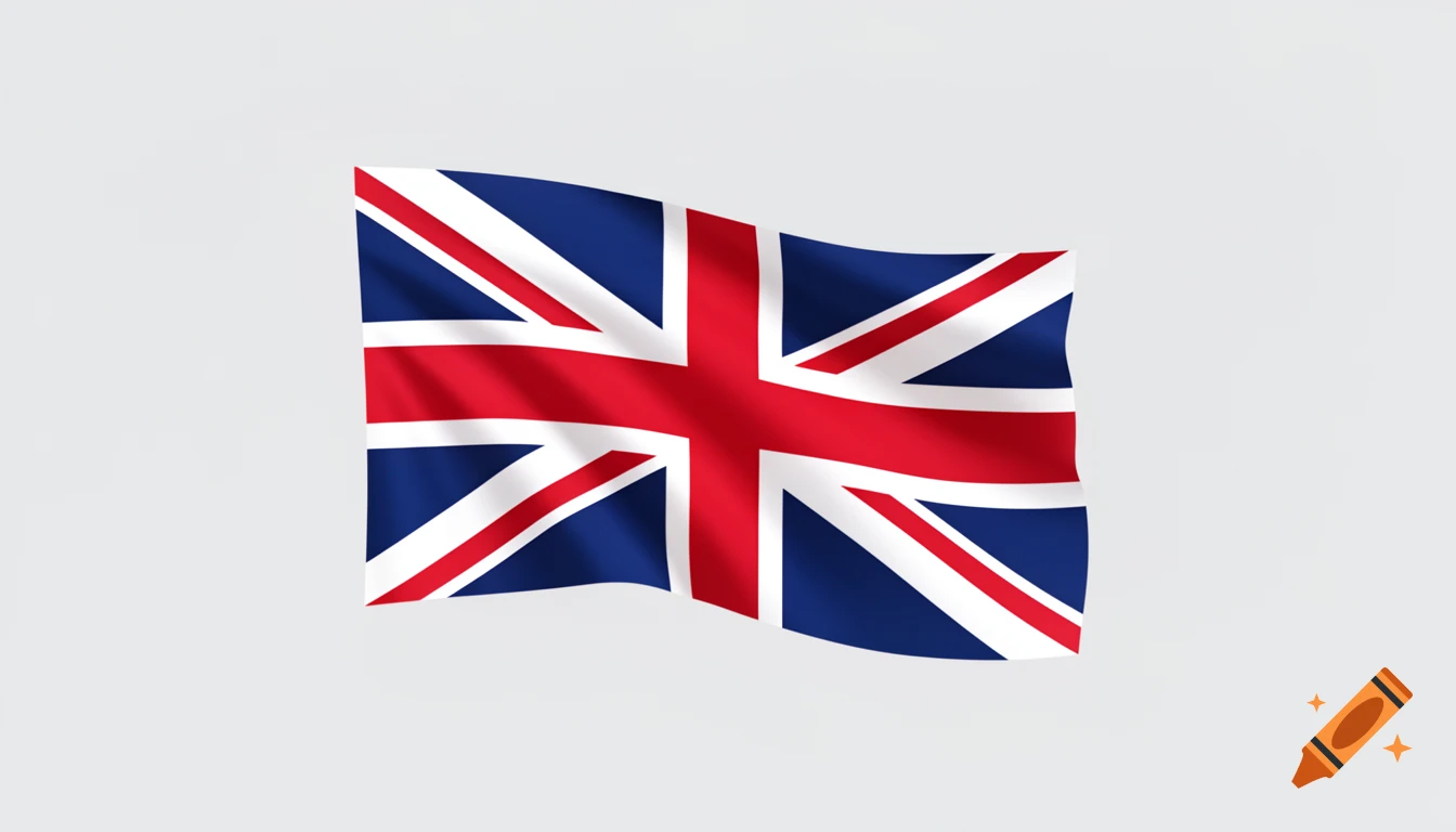 A waving flag of Great Britain, also known as the Union Jack, against a light grey background.