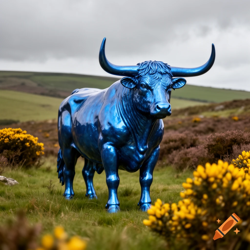 A shiny blue metallic bull statue stands in a grassy field with yellow wildflowers and rolling hills under a cloudy sky.