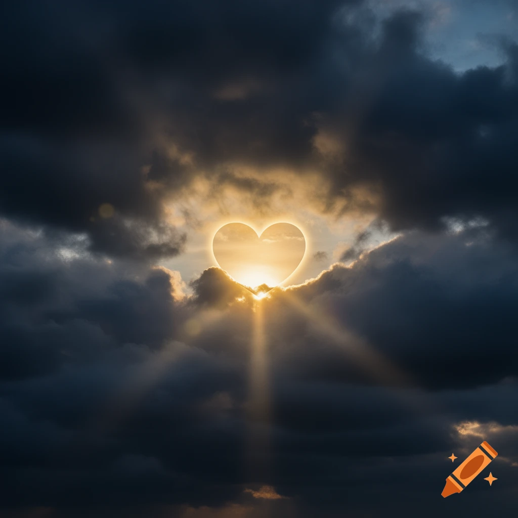 A radiant heart-shaped sun shines brightly through a break in dramatic dark clouds, casting warm golden light rays downwards. Photorealistic.
