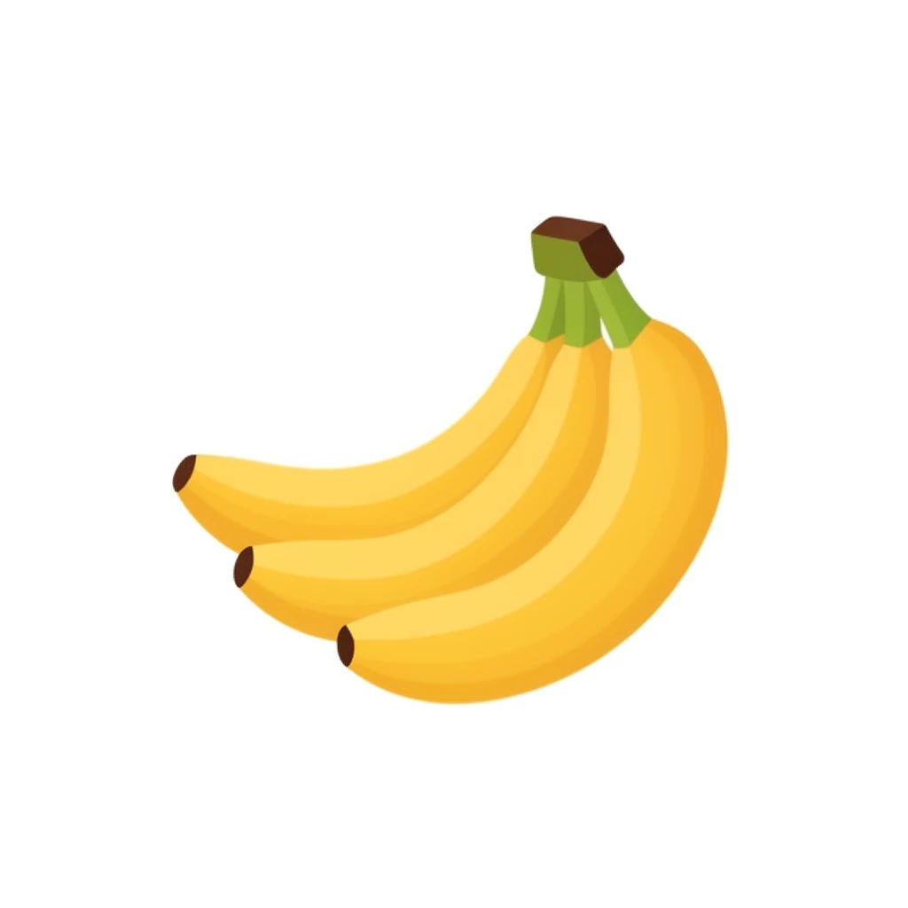 contemporary 2D stock illustration, clean simplified natural forms, flat color areas with gentle soft gradient shading, rounded believable proportions, restrained detail, no outer outlines, no texture or grain, non-photorealistic. A small bunch of bananas as a clean standalone cutout asset, centered on a pure white background. Warm yellow dominant color, subtle green-brown stem accents, simple shapes. Believable 2D stock-illustration object proportions, not toy-like, not icon-like, not 3D. Clear readable silhouette with comfortable padding, no cast shadow, no floor shadow, no extra scenery, no text.