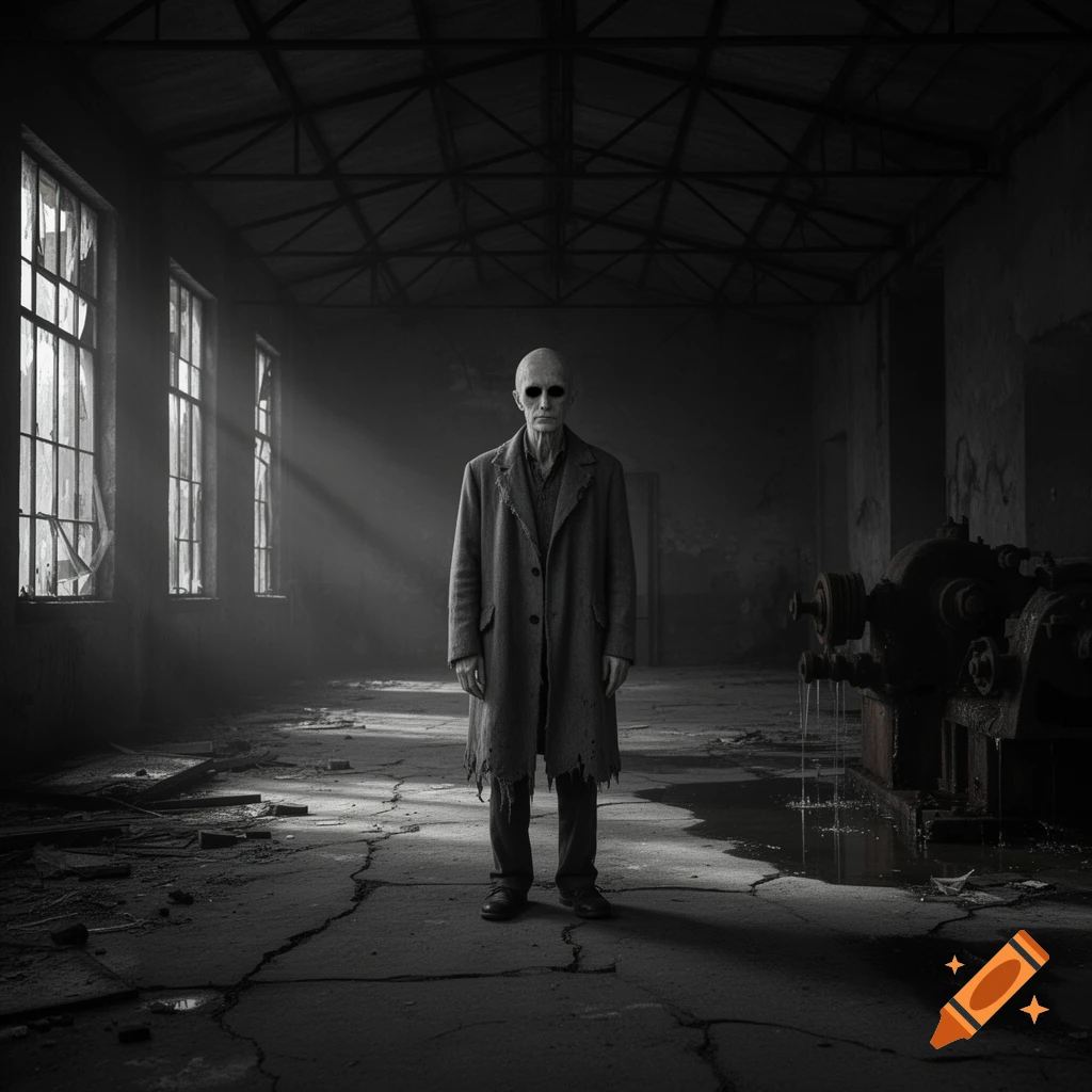 A gaunt, eyeless man in a tattered coat stands in a dark, derelict factory, light beams cutting through the gloom.