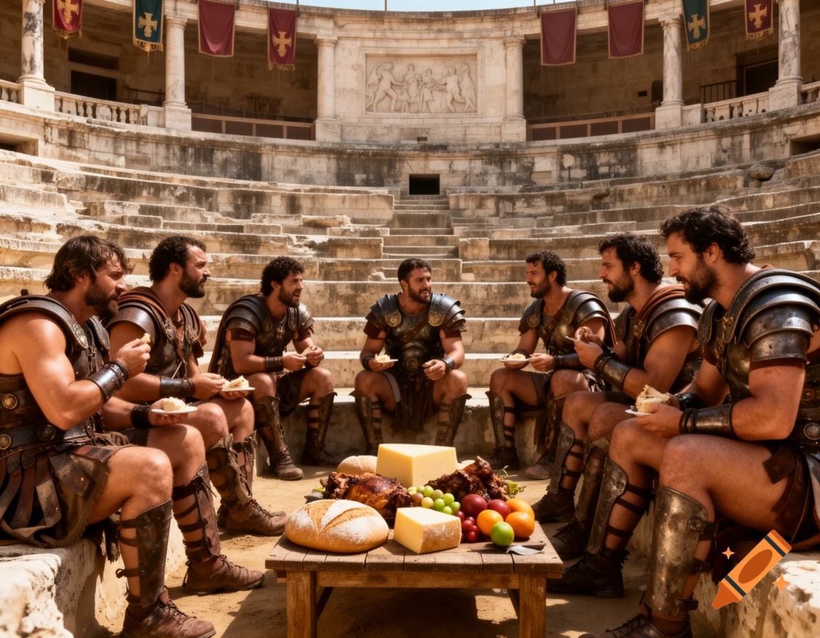 A group of gladiators in ancient armor eat a meal of bread, cheese, and fruit on a wooden table in an ancient Roman amphitheater, photorealistic.