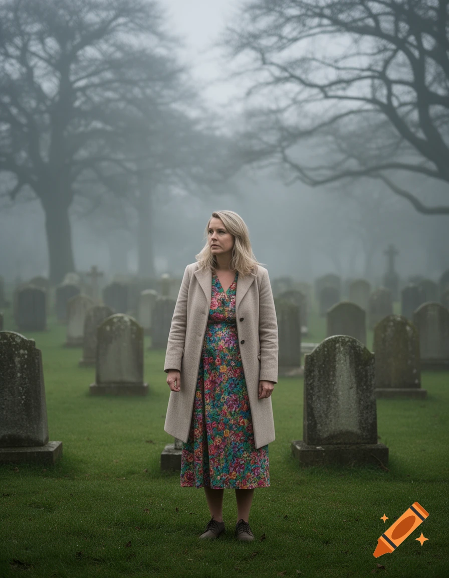 A pensive woman in a floral dress and a neutral coat stands in a foggy cemetery with gravestones and bare trees.