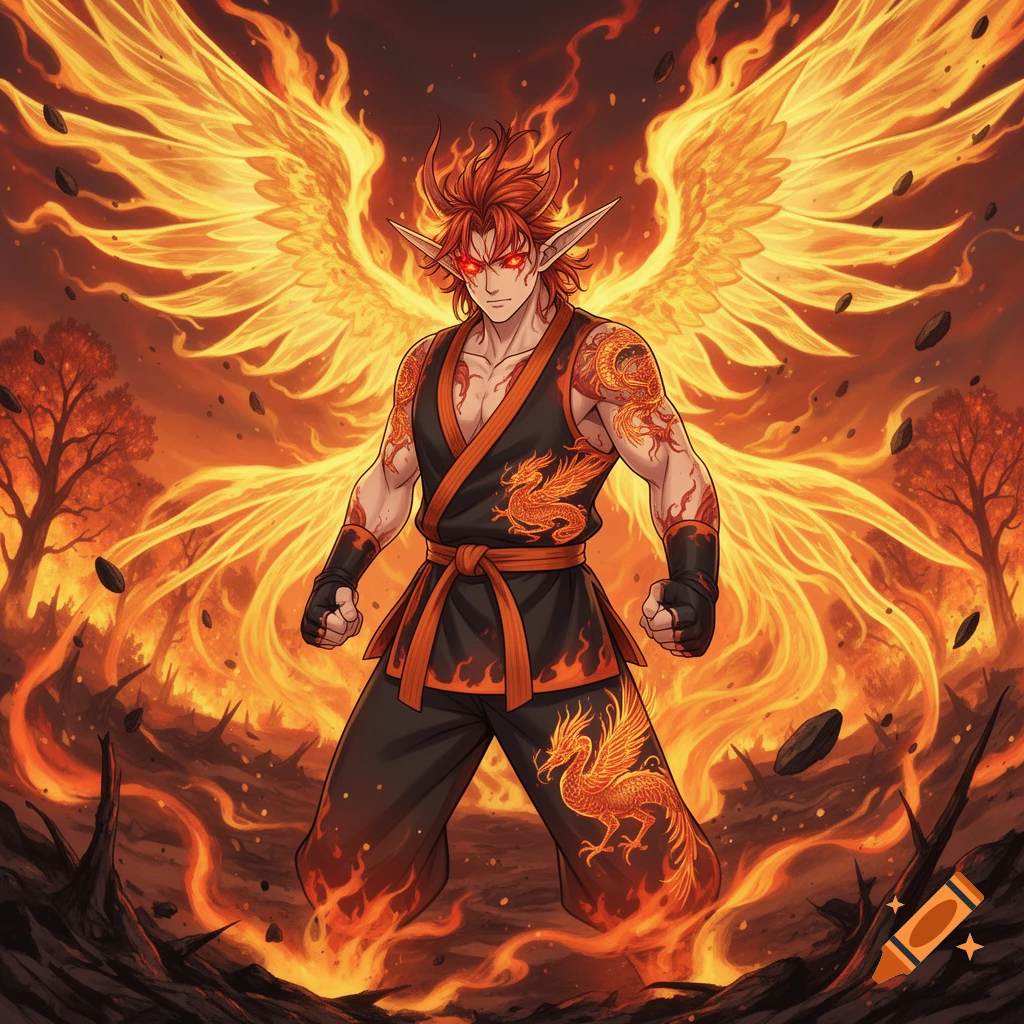 Anime-style male character with fiery wings and red eyes in a burning landscape, wearing a martial arts uniform with dragon patterns.