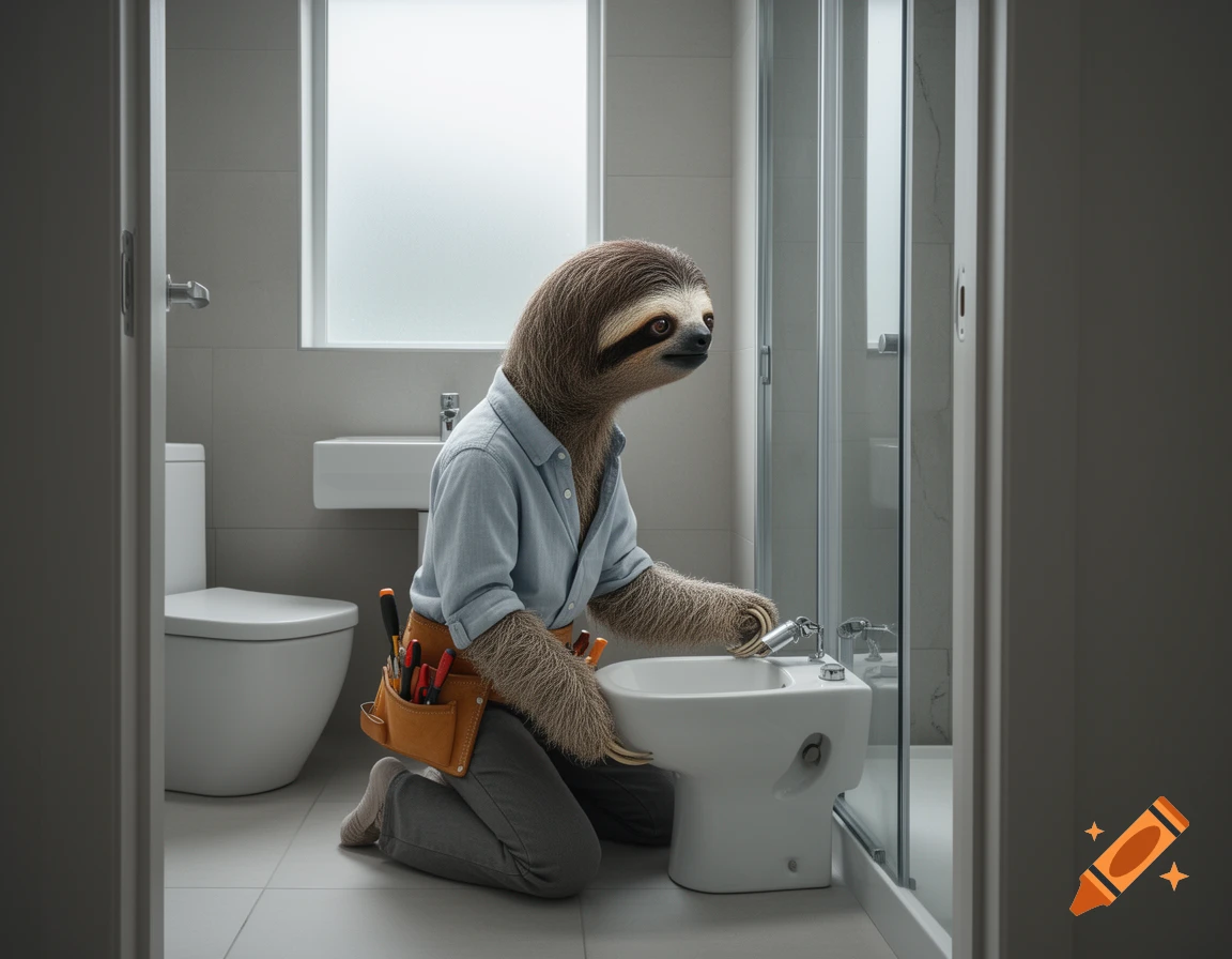 Photorealistic sloth plumber with a puzzled expression, wearing a tool belt, kneeling in a modern bathroom to install a bidet.