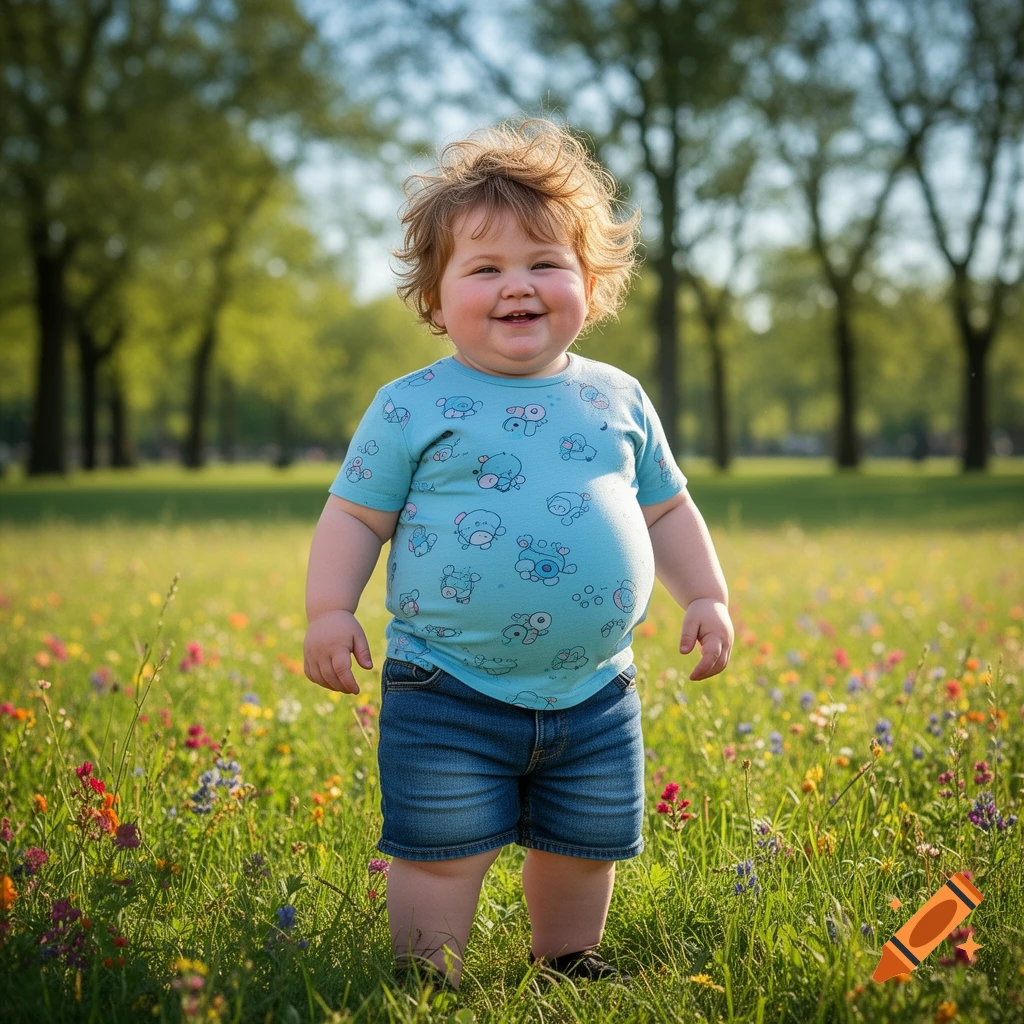 A smiling, chubby toddler with messy hair stands in a sunny field of wildflowers, wearing a blue t-shirt and denim shorts.