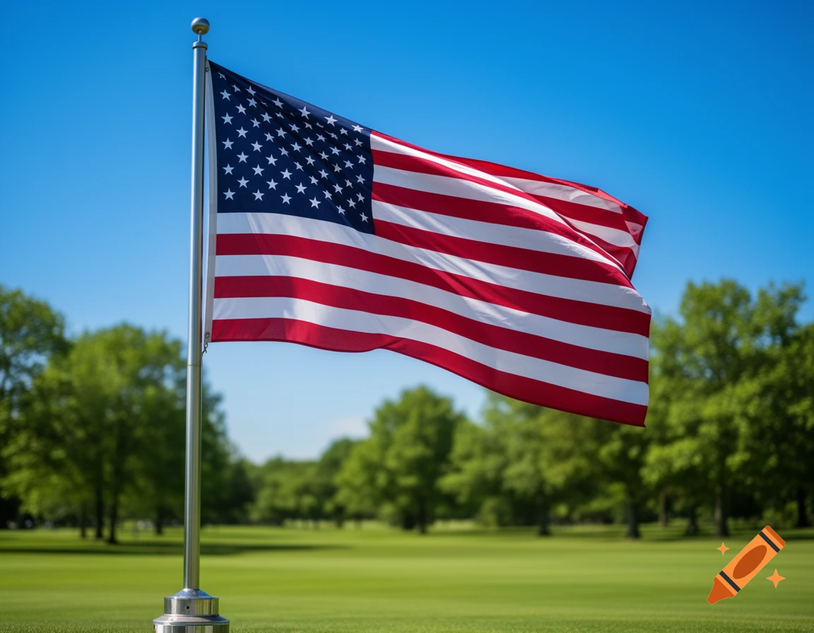 Photorealistic American flag waving on a flagpole in a sunny park with green grass and trees.