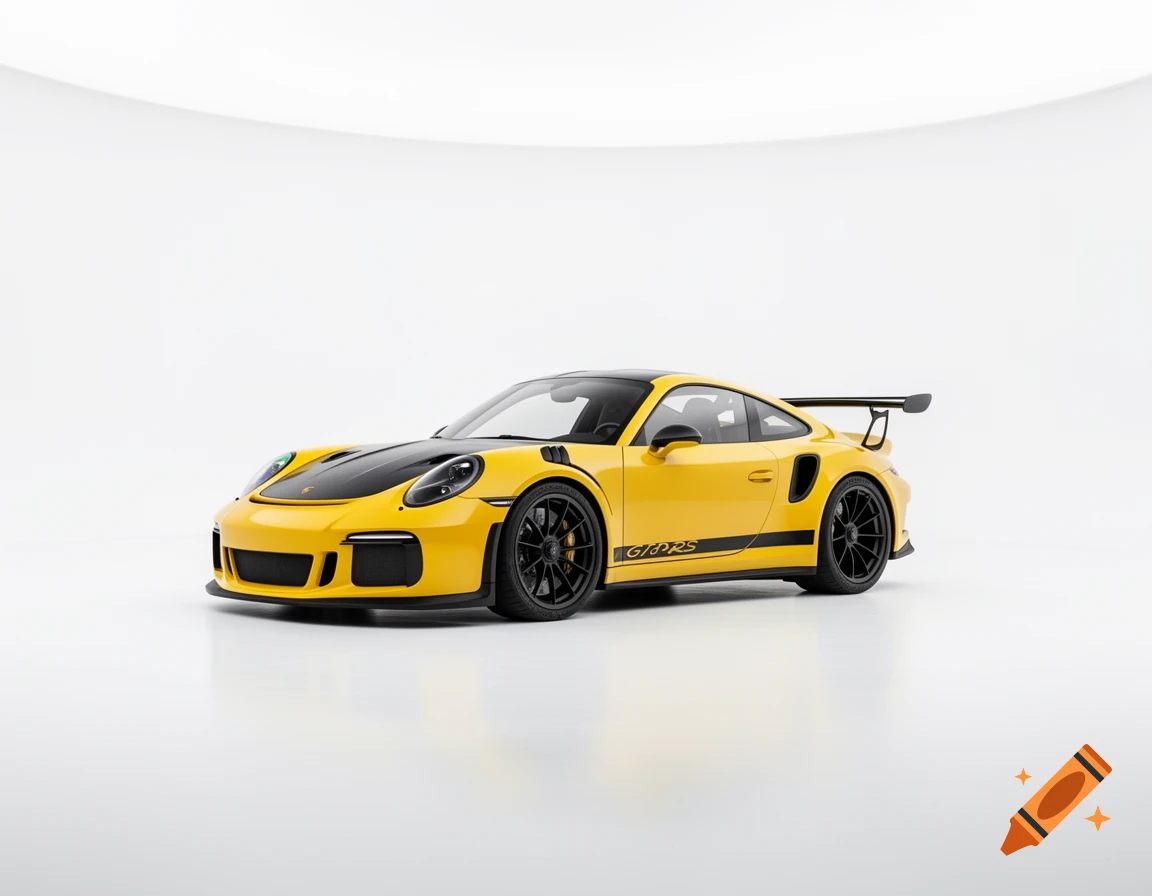 A photorealistic yellow Porsche GT3RS with black accents, parked on a white floor in a brightly lit white studio.