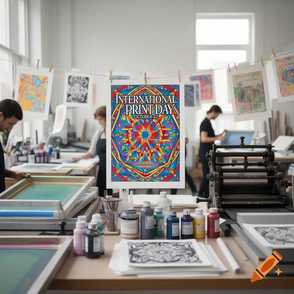 A photorealistic image of a vibrant print studio with artists working. A colorful poster celebrating 'International Print Day' hangs in the foreground.