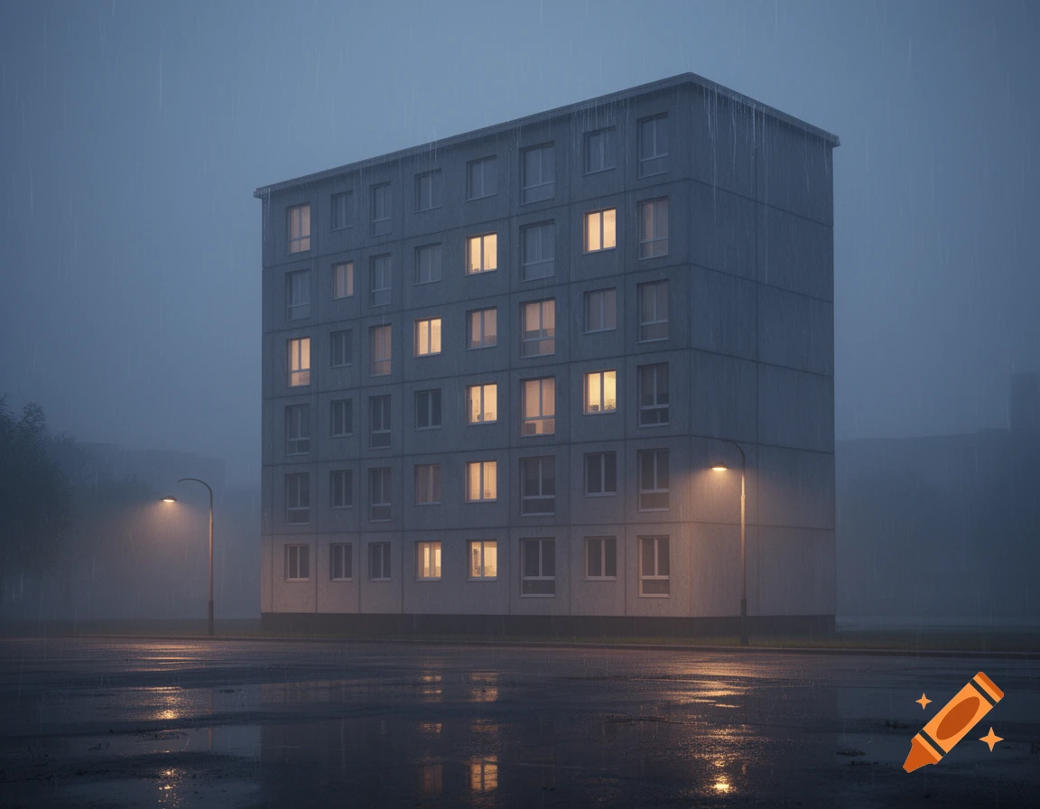 A five-story gray panel building with some lit windows, streetlights, and a wet road reflects light in the twilight rain.