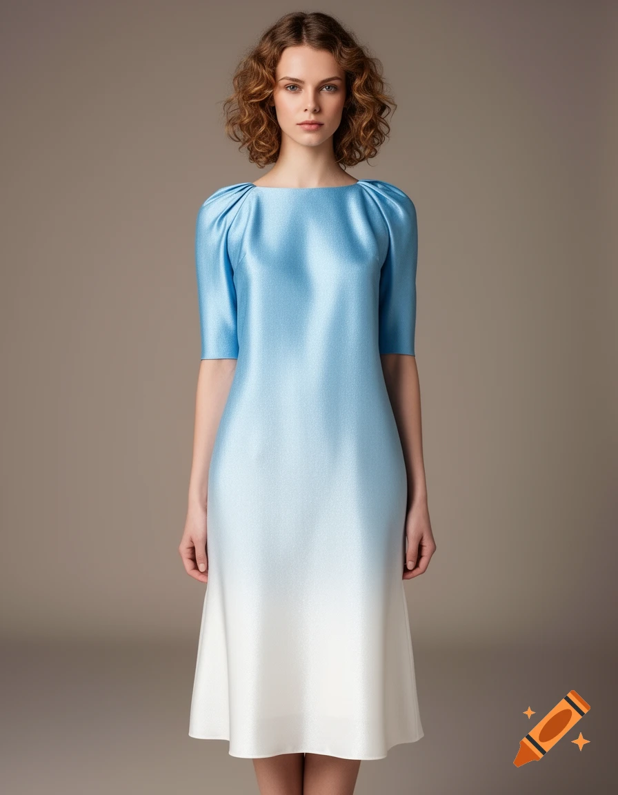 A woman models a photorealistic sky blue-to-white ombr or else dress that falls below the knee.