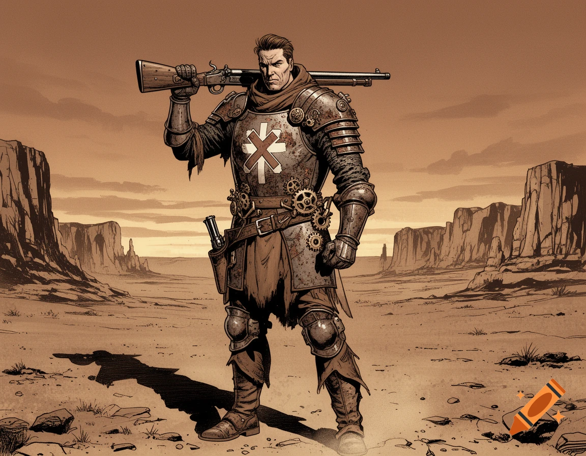 Comic art of a determined man in medieval-steampunk armor holding a rifle in a desert landscape with mesas.