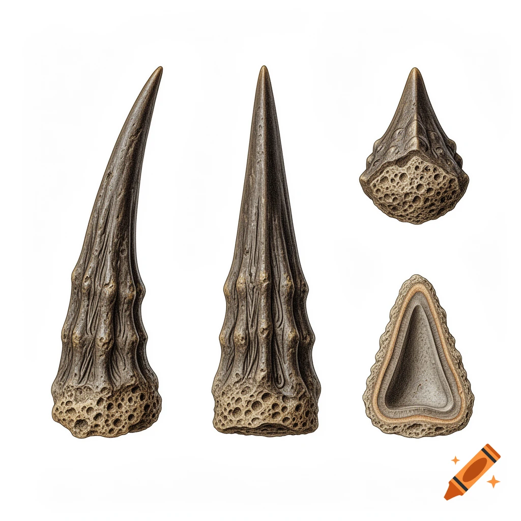 Scientific illustration of a dark brown, textured osteoderm spike fragment with a porous base, shown in multiple views on a white background.