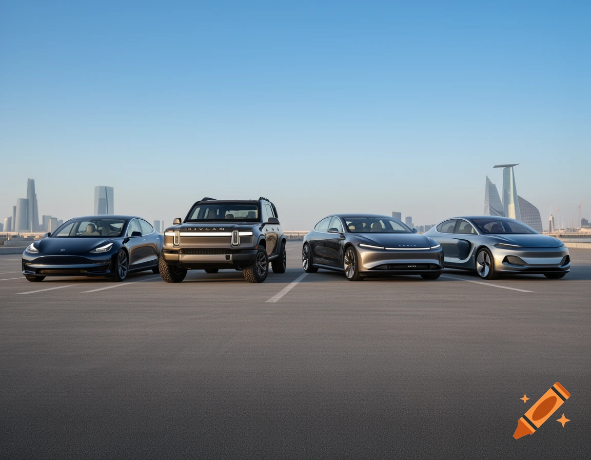 Four electric vehicles, including Tesla, Rivian, and Lucid models, parked on asphalt with a city skyline under a clear sky.