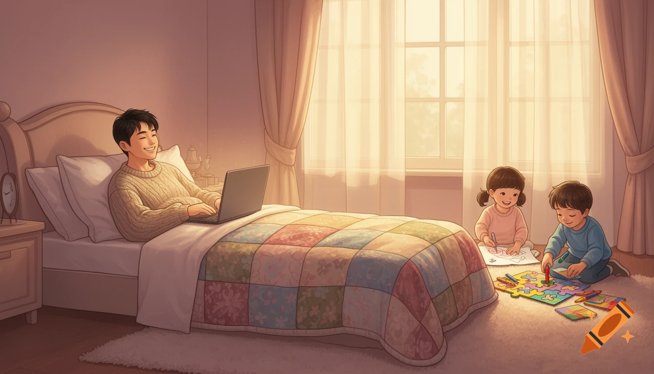 Illustrated scene of an Asian man on a laptop in bed while two children play on the floor in a cozy, sunlit bedroom.