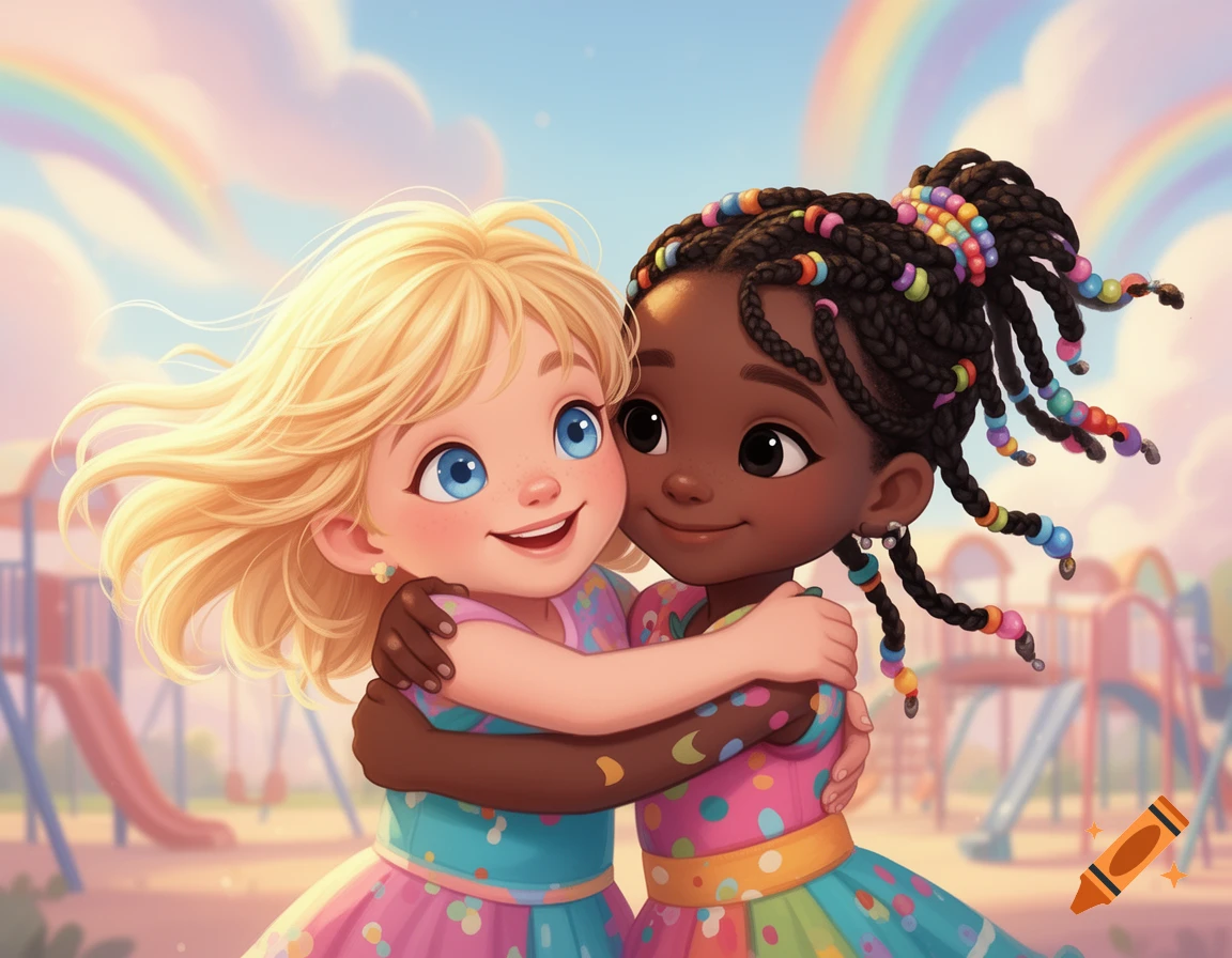 A blonde girl with blue eyes and a black girl with braided hair and colorful beads hug in a cartoon playground with rainbows.