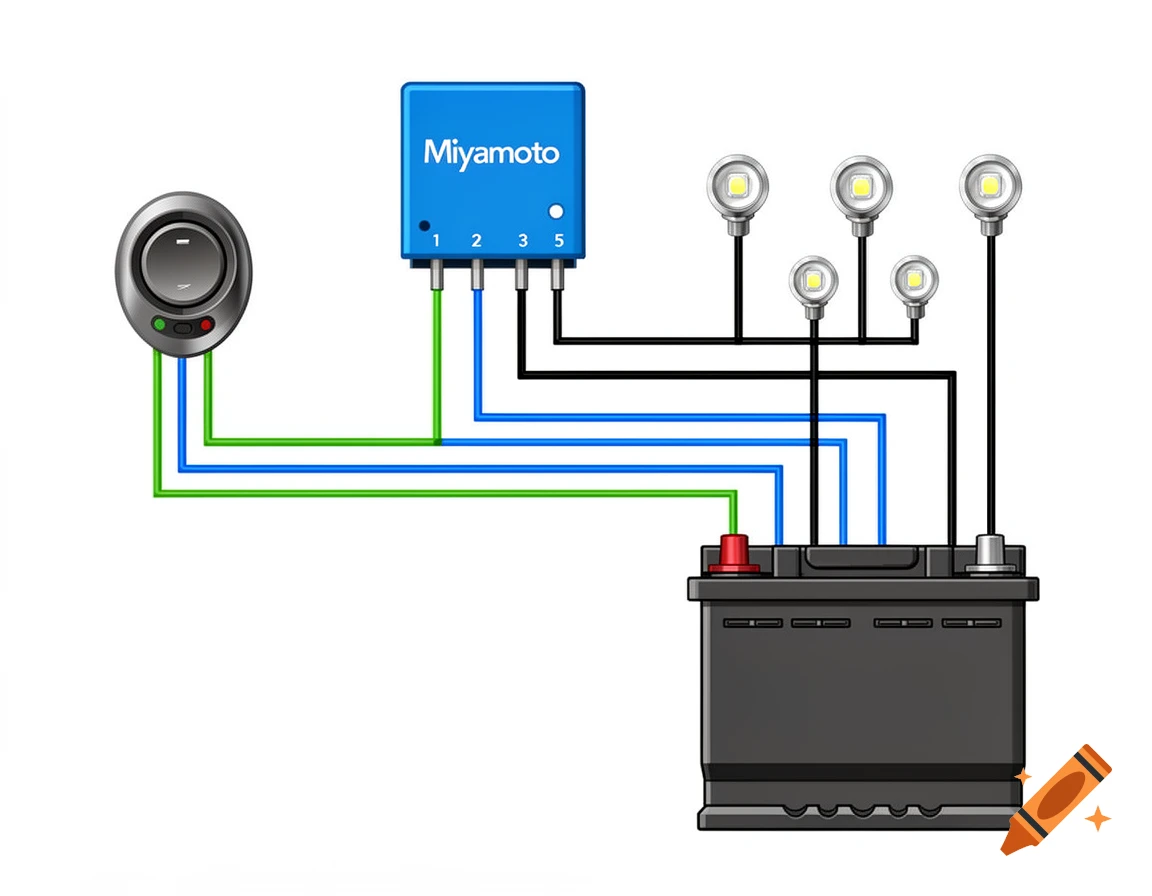 2D vector wiring diagram of an automotive electrical system with a Miyamoto relay, button, LED spotlights, and car battery.
