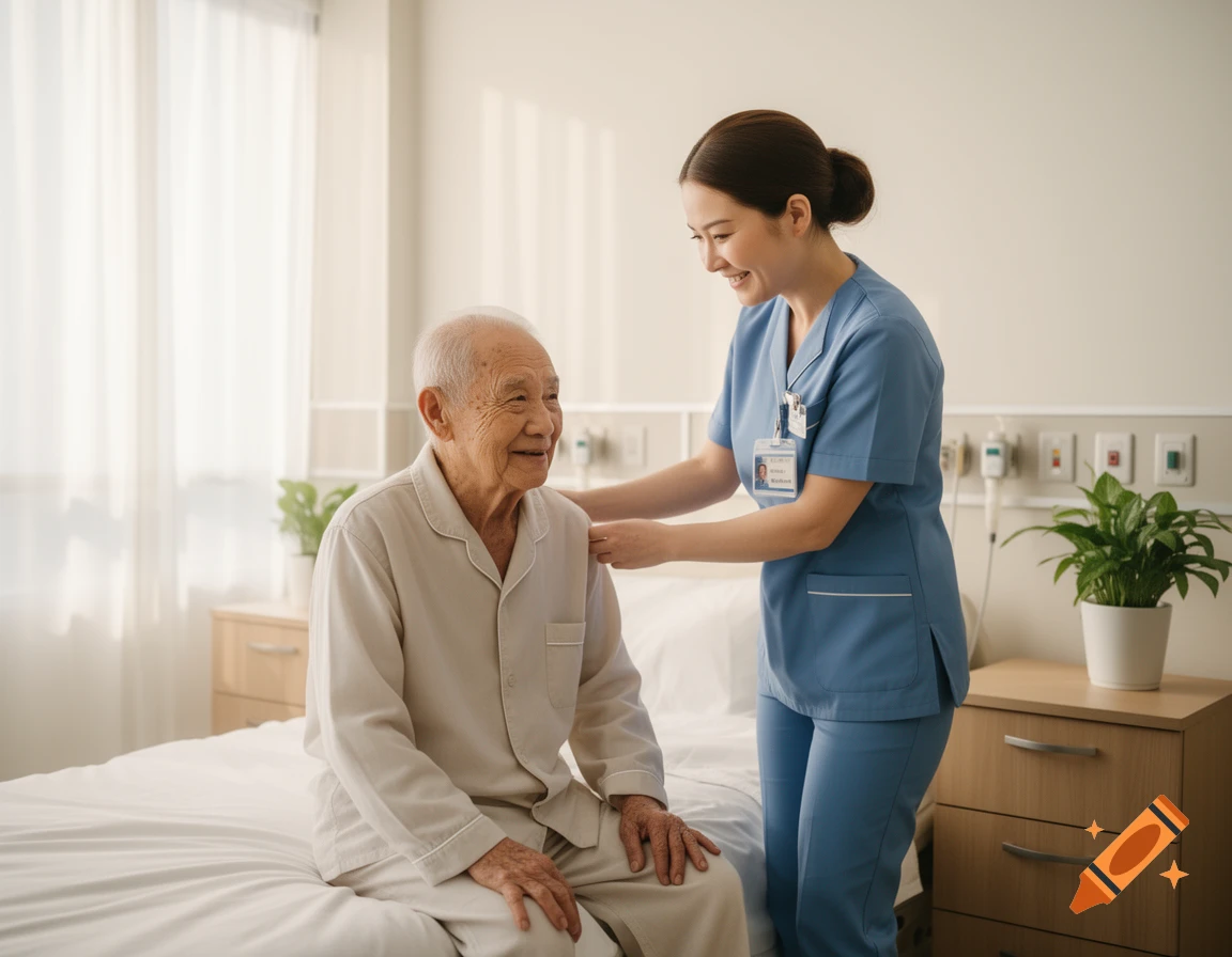Smiling nurse in blue scrubs gently touching the shoulder of an elderly male patient sitting on a hospital bed.