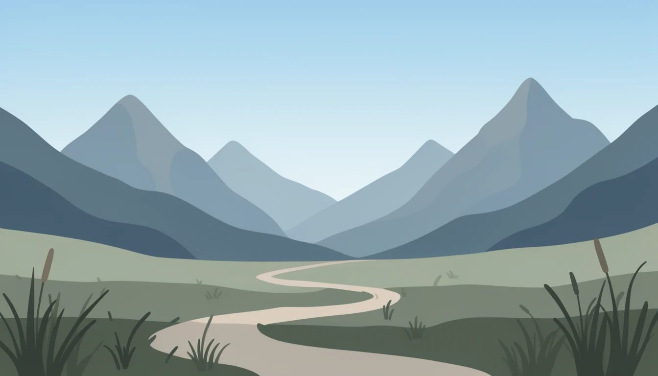 contemporary 2D stock illustration, clean simplified natural forms, flat color areas with gentle soft gradient shading, rounded believable proportions, restrained detail, no outer outlines, no texture or grain, non-photorealistic. A quiet mountain valley with distant simplified peaks, a winding path, low grasses, and clear sky. Cool natural palette with restrained blue, green, and neutral tones. Keep the foreground center area visually uncluttered with simple forms and open space behind layered foreground subjects. No characters, no text.
