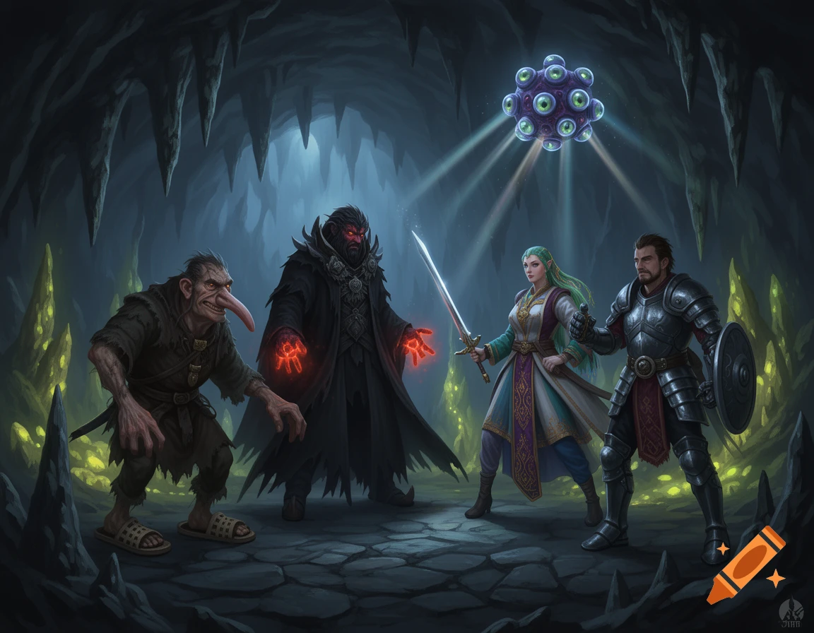 A fantasy party of a wizard, a grotesque rogue, an elf warrior, and a knight in a dark cave, confronting a floating multi-eyed monster.