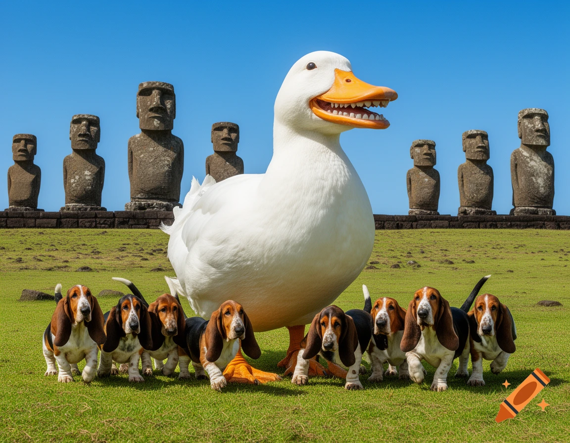 A giant white duck with prominent teeth stands among several basset hounds on a grassy field, with Easter Island Moai statues in the background under a blue sky.