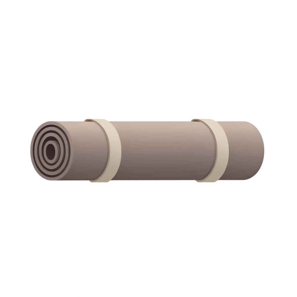 contemporary 2D stock illustration, clean simplified natural forms, flat color areas with gentle soft gradient shading, rounded believable proportions, restrained detail, no outer outlines, no texture or grain, non-photorealistic. A rolled yoga mat with strap as a clean standalone cutout asset, centered on a pure white background. One dominant mat color, neutral strap, restrained edge detail. Believable 2D stock-illustration object proportions, not toy-like, not icon-like, not 3D. Clear readable silhouette with comfortable padding, no cast shadow, no floor shadow, no extra scenery, no text.