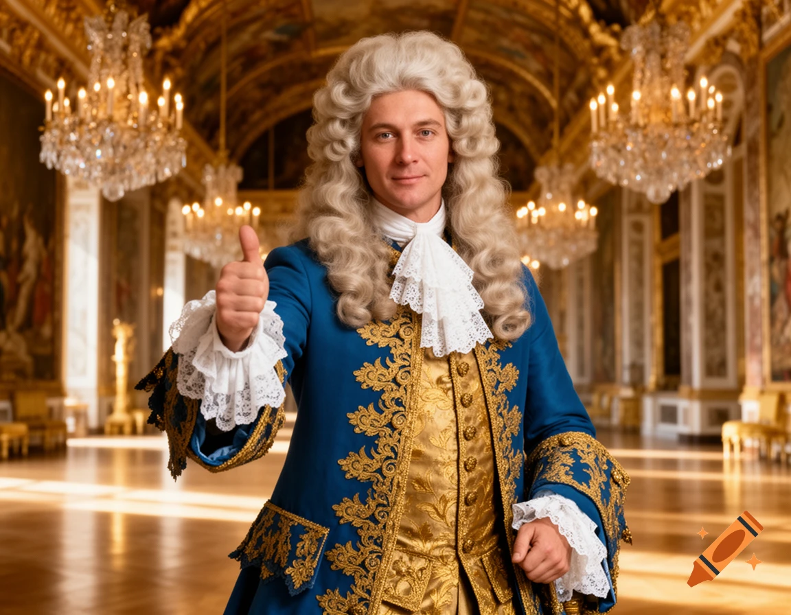 Man in a white wig and ornate blue and gold baroque costume gives a thumbs up in a grand palace hall.