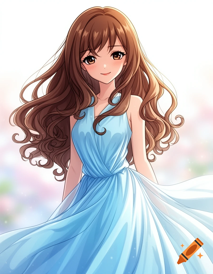 Anime woman with long brown hair, smiling in a flowing light blue dress.