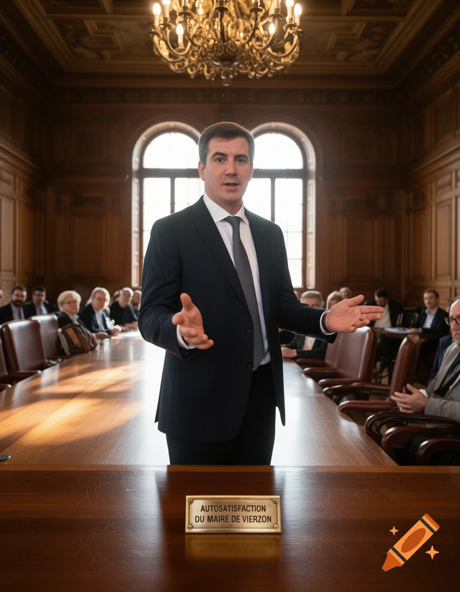 Man in a suit speaks at a long conference table in a grand hall, with 'Autosatisfaction du maire de Vierzon' on a plaque.
