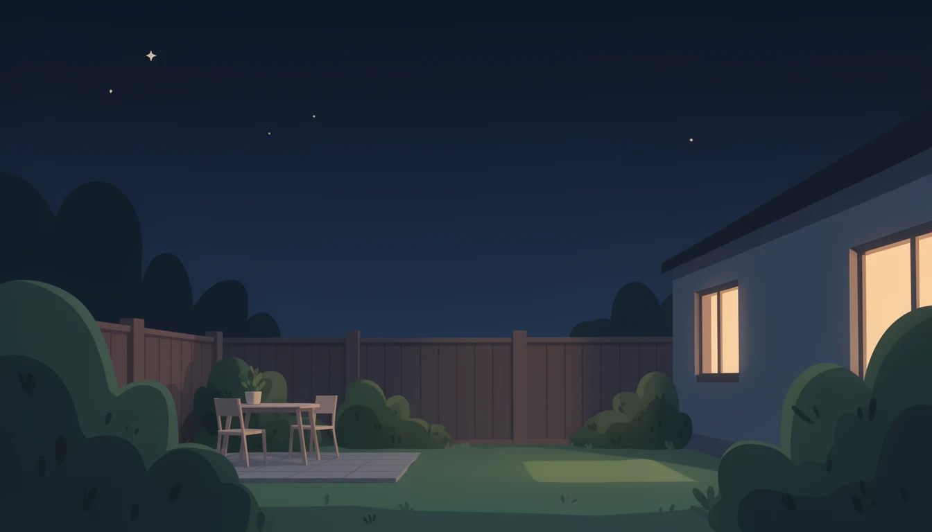 contemporary 2D stock illustration, clean simplified natural forms, flat color areas with gentle soft gradient shading, rounded believable proportions, restrained detail, no outer outlines, no texture or grain, non-photorealistic. A quiet backyard at night with a small patio, bushes, fence, and broad dark sky with a few simple stars. Disciplined night palette with deep blues, soft greens, and warm window accents. Keep the center area visually uncluttered with simple forms and open space behind layered foreground subjects. No characters, no text.
