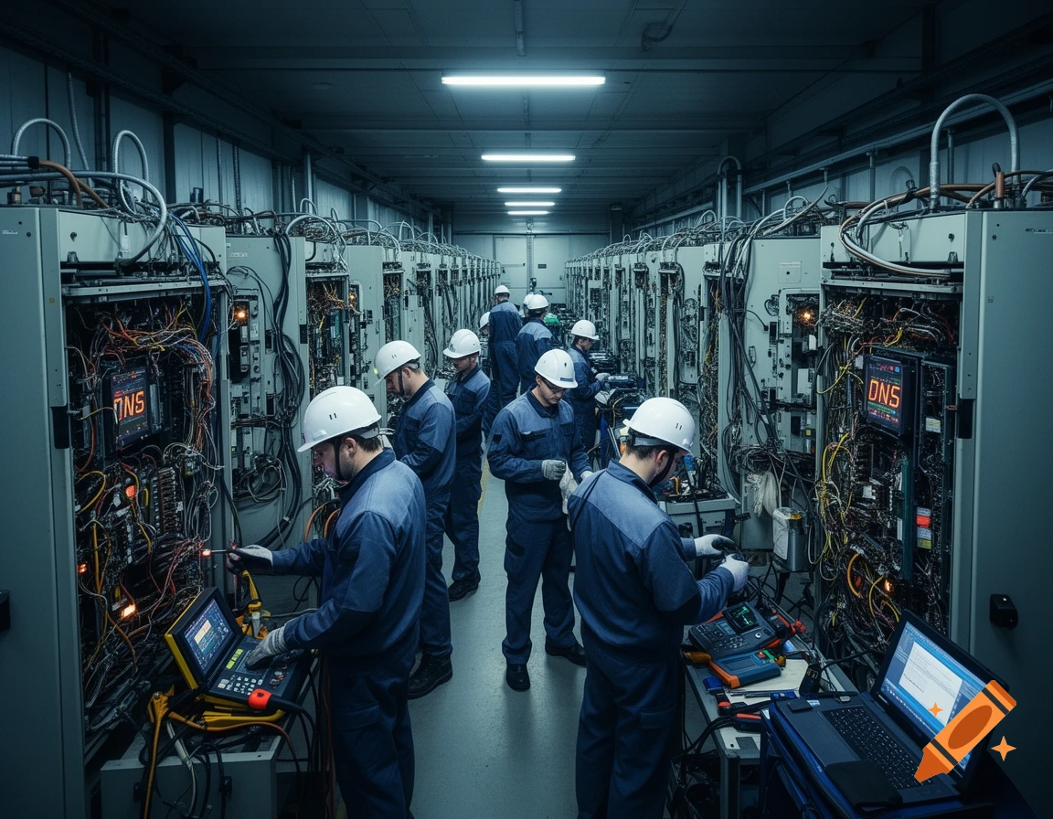 Workers in hard hats and blue overalls repair electrical production facilities and server racks in a long, industrial hallway.